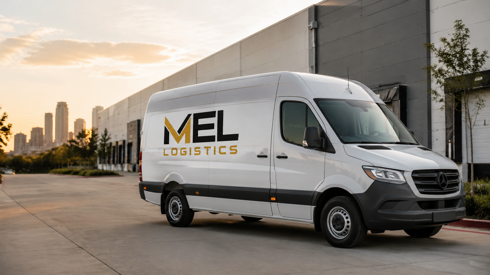 White MEL Logistics high-roof cargo van at a DFW warehouse